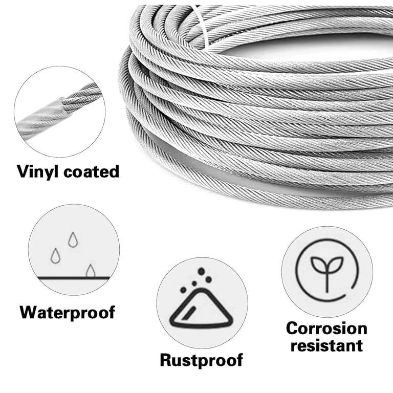 Brightown String Lights Hanging Kit for Outdoor, Includes 100Ft Stainless Steel(304) Suspension Rope Cable in Black Vinyl-Coated, Turnbuckle, Thimble, Hooks. Heavy Duty and Easy to Install