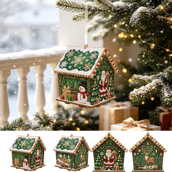Mivyn Christmas DIY Pearl Painting Wooden House, Wooden House Pearl Diamond Art Kit, 3D Diamond Handmade Painting Hanging Ornament for Holiday Party Decor & Christmas Trees, #10