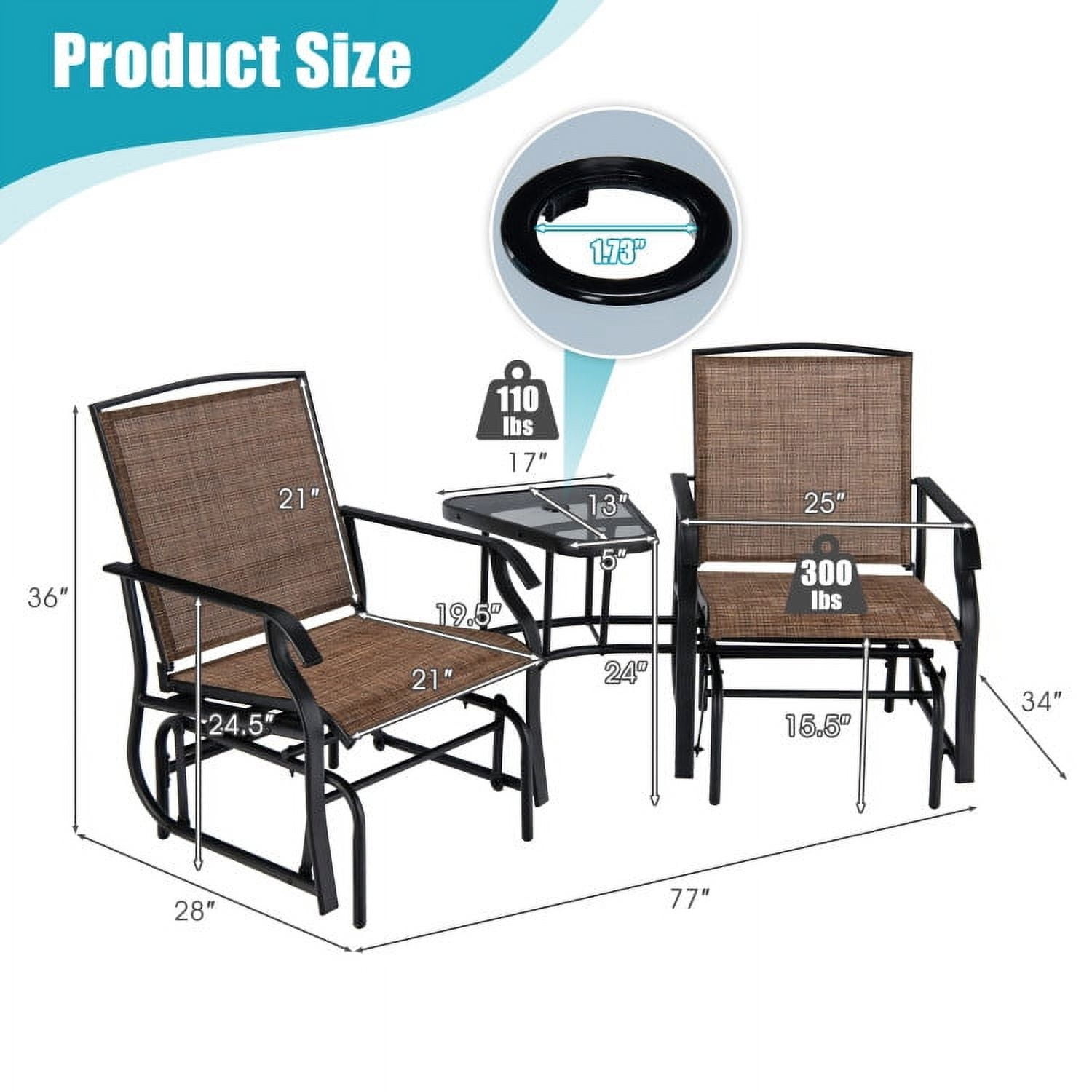 Aimee Lii Patio Conversation Sets, Double Swing Glider Rocker Chair Set with Glass Table, Brown