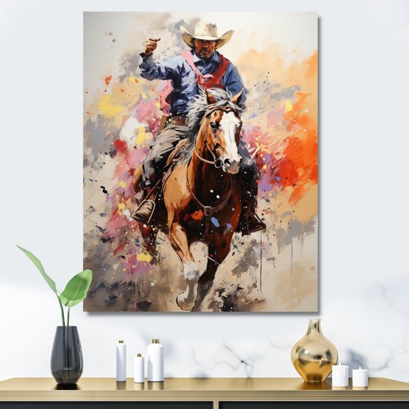Designart "Pop Art Cowboy Journey I" People Canvas Wall Art - Southwestern Brown Cowboys Living Room Canvas Art