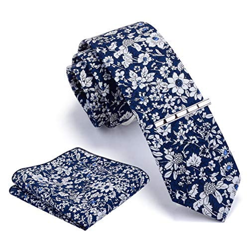 Mens White Floral Tie Skinny Ties for Men Slim Navy Blue Cotton Necktie and Pocket Square Clip Sets (0941-04)