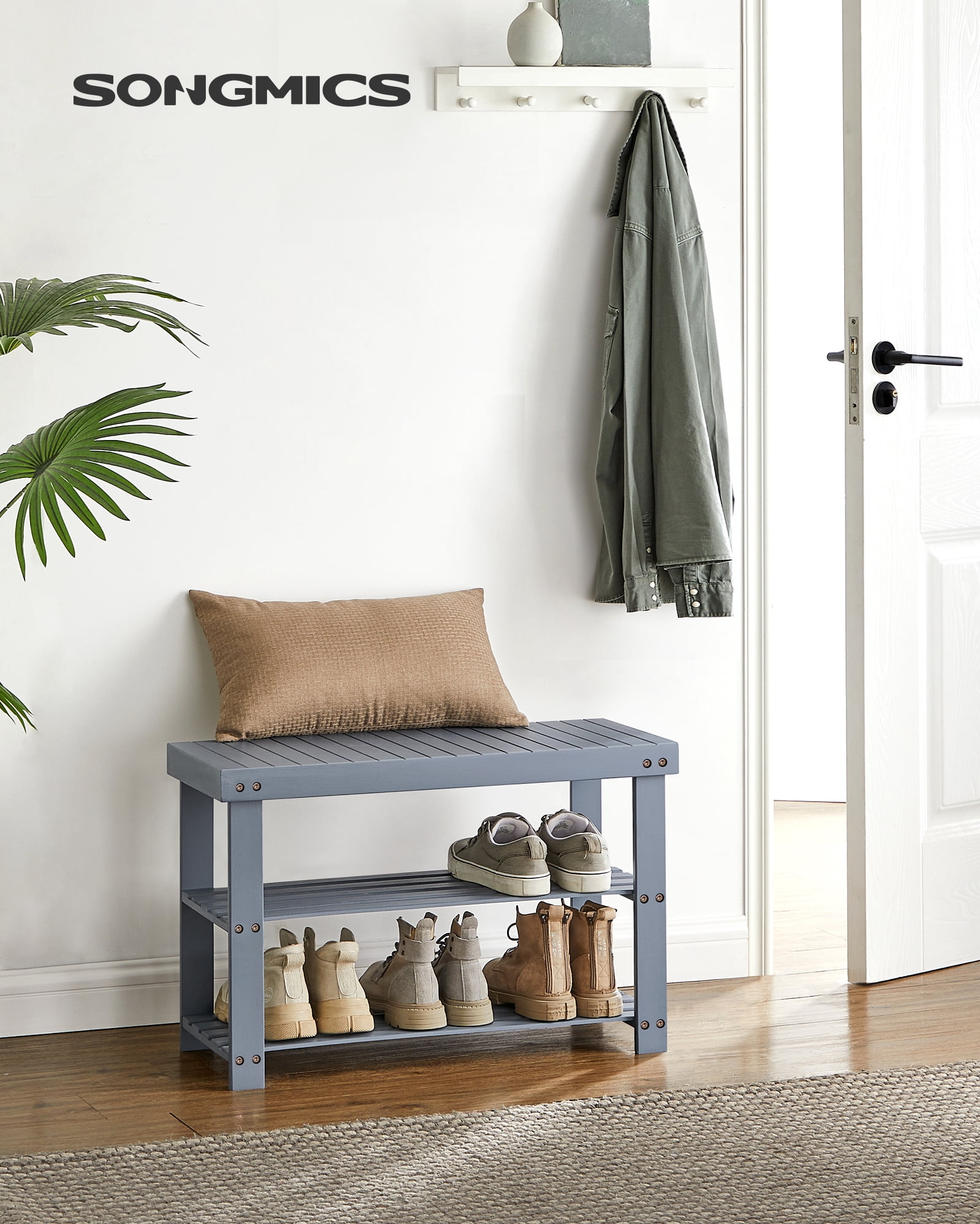 3-Tier Shoe Rack Bench, Hallway Bamboo Organizer, Home Storage Shelf with Holds 286 lb, Gray