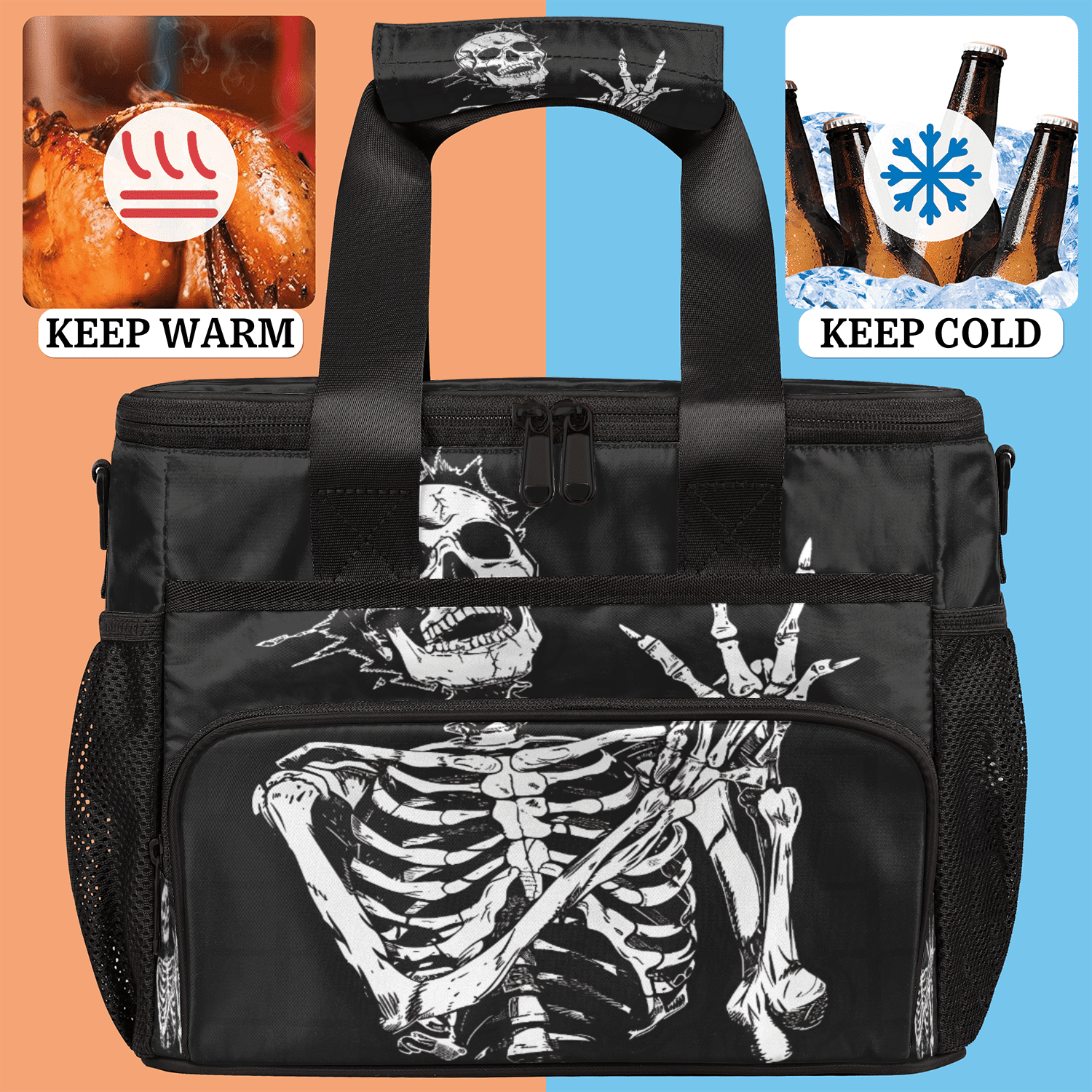 Herdesigns Skeleton Funny Skull Large Lunch Box for Adults Women Men with Adjustable Shoulder Strap, Insulated Reusable Lunch Bag Leakproof Cooler Tote Bag
