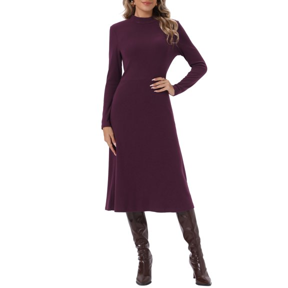 INSPIRE CHIC Ribbed Knitted Midi Dress for Womens Mock Neck Casual Long Sleeve Sweater Dresses M Burgundy