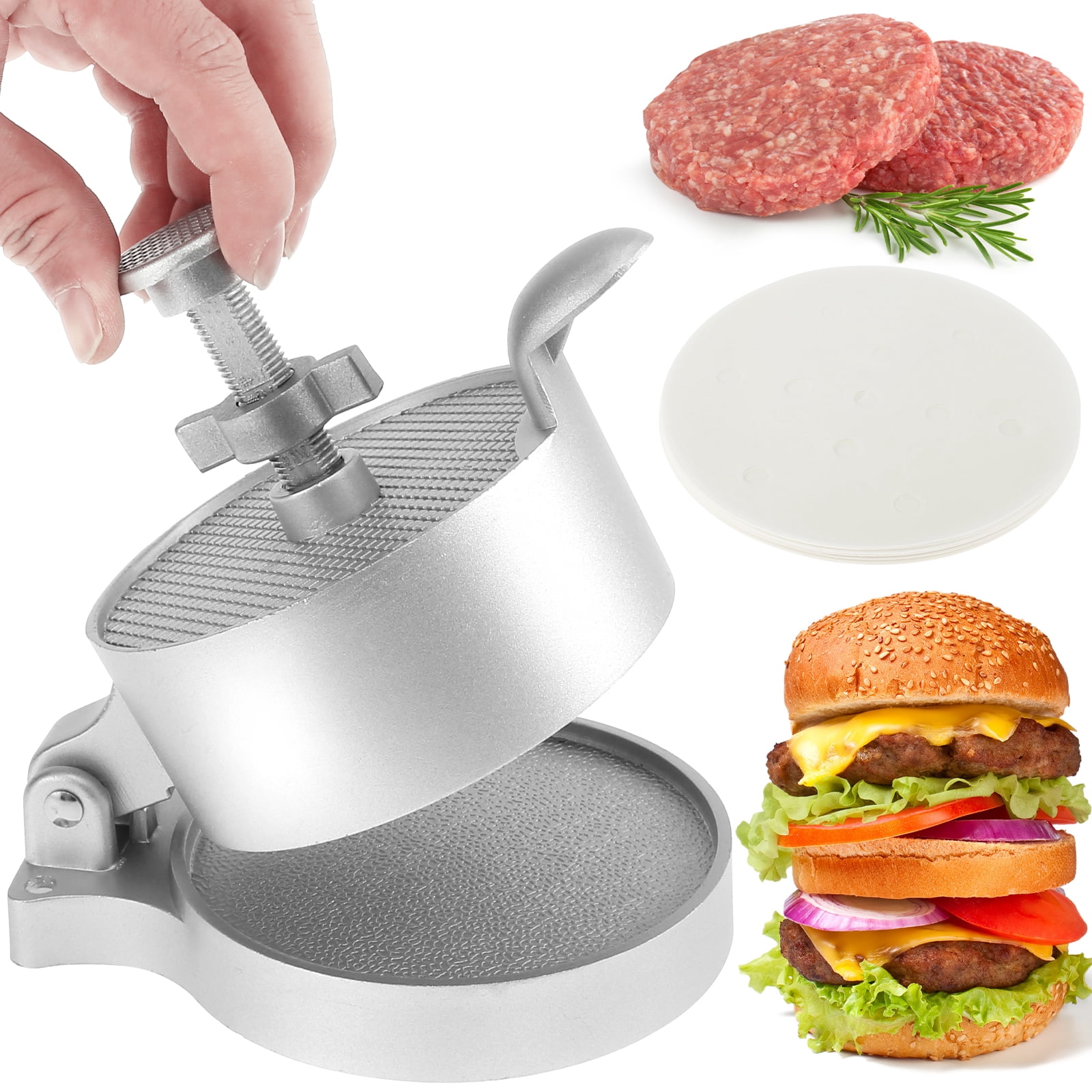 Evjurcn Burger Press with 100 Patty Paper Adjustable Thickness Hamburger Press Patty Maker Non-Stick Hamburger Patty Maker Mold Aluminum Alloy Burger Press Patty Maker for Grilling and Cooking