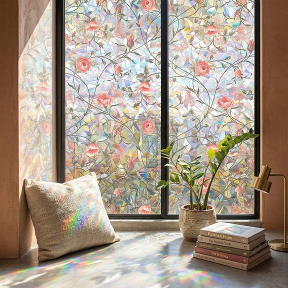 Magnolia Stained Glass Window Film, Rainbow Holographic Static Cling Privacy Film, Decorative Non-Adhesive Window Tint for Home Bathroom Office, 16.93" x 39.37"