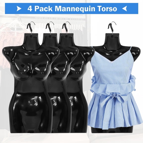4 Packs Female Mannequin Torso Set 27" Dress Form Hollow Back Half Body Clothing Display Plastic Adult Table Shirt Mannequin Model Stand with Metal Hook,Black
