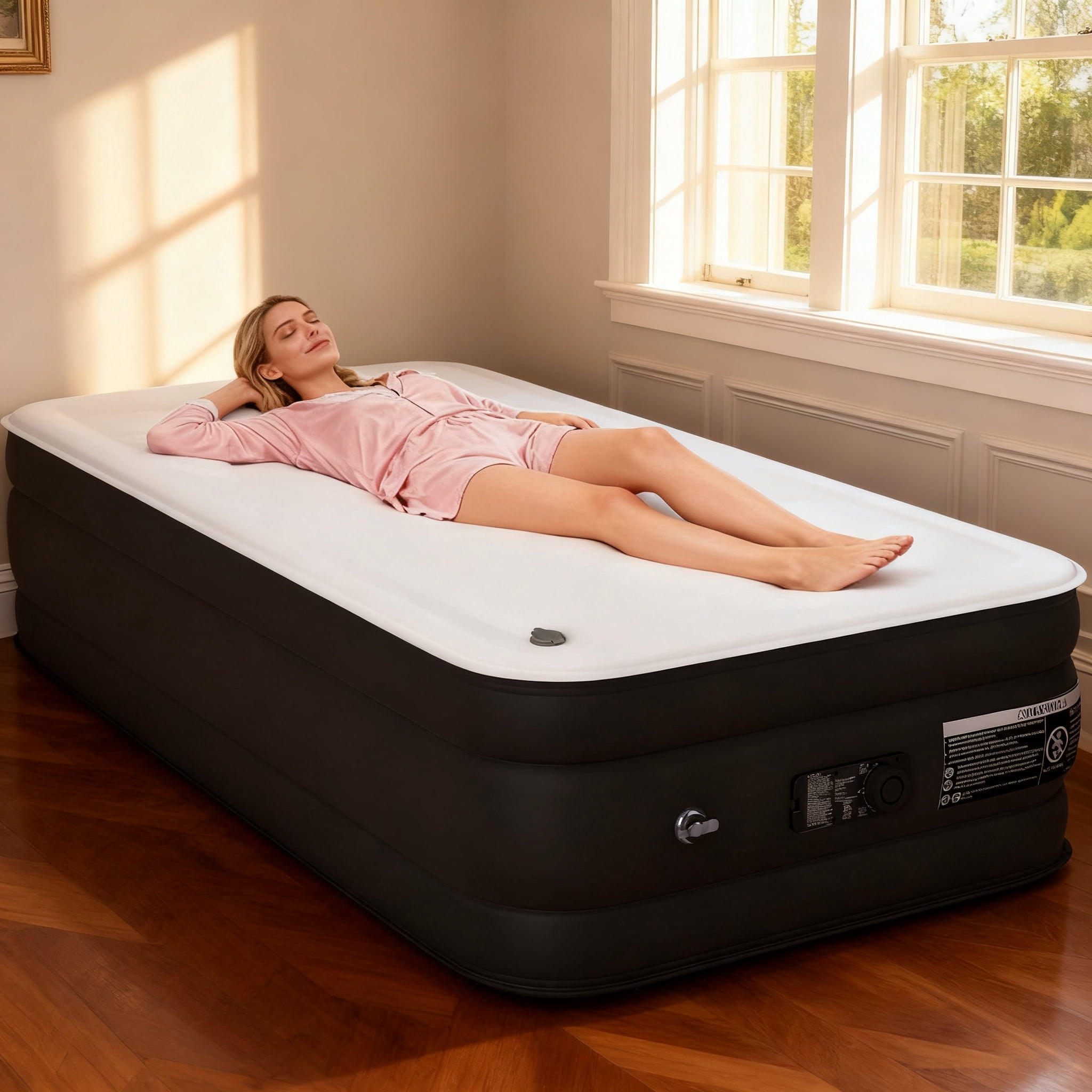 TUAREX Twin Size Air Mattress, 17" Inflatable Bed with Built-in Pump, 1 1/4" Thick Foam Topper, with Milk Fiber Cover, Coil Beam Support, Perfect for Guests & Home