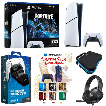 Sony PlayStation 5 Slim Digital Fortnite Cobalt Star Bundle with Wired Gaming Headset, Hard Shell Carry Case for Dualsense 5, Dual Charge Dock and MightySkins Decal Voucher