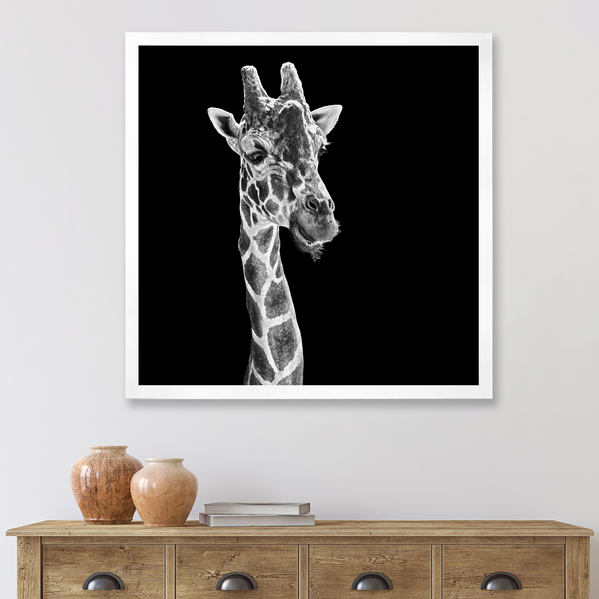 Designart 'Close Up Portrait Of A Giraffe On Black II' Farmhouse Framed Art Print