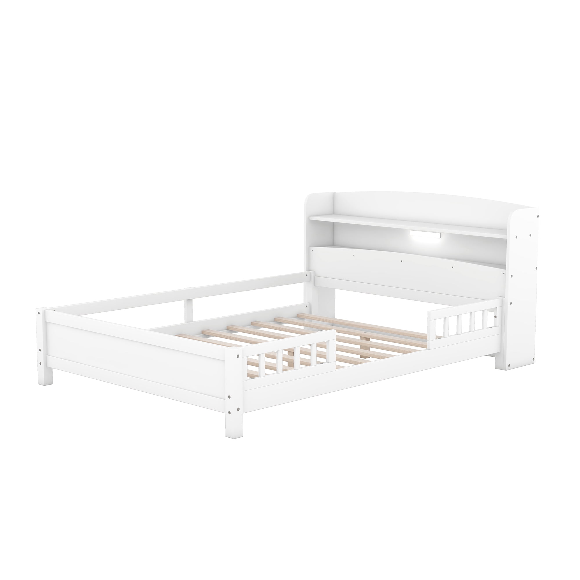 Euroco Wood Full Size Platform Bed with Storage Headboard and LED Light, White