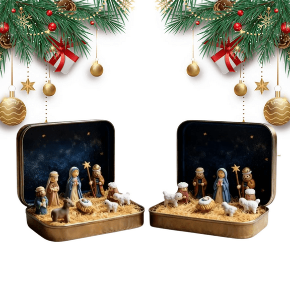 Mini Christmas Nativity Set in a Tin Box, Handcrafted Pocket Bethlehem Scene, Portable Holy Family Display, Small Religious Ornament, for Desk, Shelf, Office, Travel Decor, Christmas Gifts(2pcs)