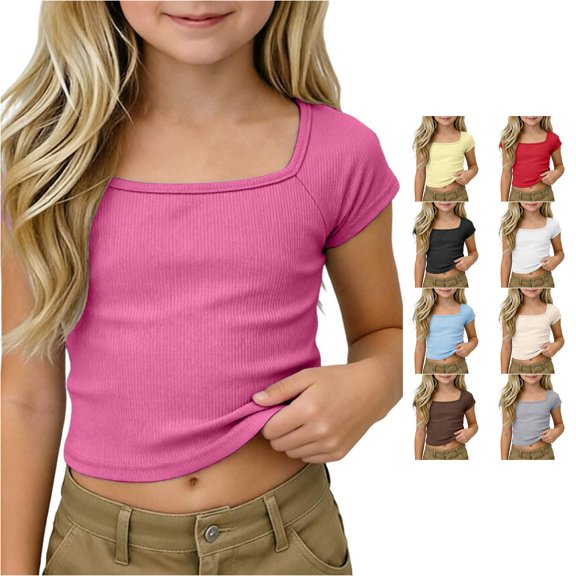 TIANZEN Girls Ribbed Knit Crop Top Short Sleeve Tee Square Neck Raglan Basic Casual Shirt For Kids Toddler Youth Too for Girls