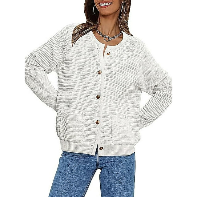 Sexy Dance Chandails pour Femmes Cardigan Boutonné Col Rond Cardigans Haut Doux Manches Longues Extérieur Blanc P