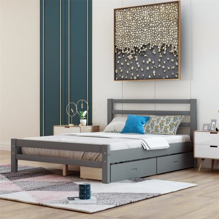 Modern Full Bed Frame with Storage for Kids Toddlers  Solid Wood Full Bed Frames with Two Drawers  Headboard and Footboard for Living Room Bedroom  Guest Room and Apartment  Gray