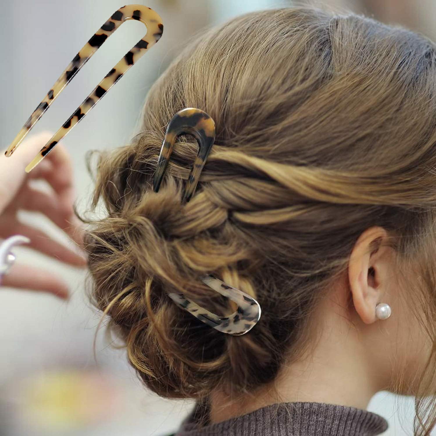 6 Pcs U-Shaped Hairpin, Vintage Hair Pin Fork Sticks Tortoise Shell U Shape Hair Clips Cellulose Acetate Tortoise Shell Hair Pins Clips French Style Metal Hair Sticks for Women Girls Hair Styling