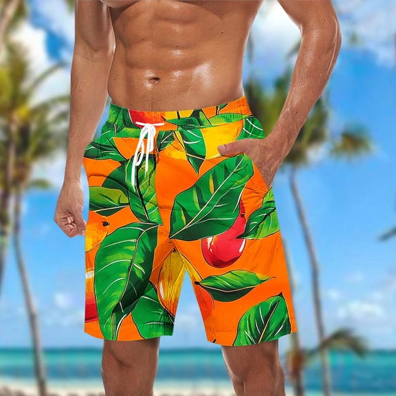 Men Short Men Short Mens Short Men Casual Fashion Print Shorts With Pockets Elastic Waist Beach Pants Orange L
