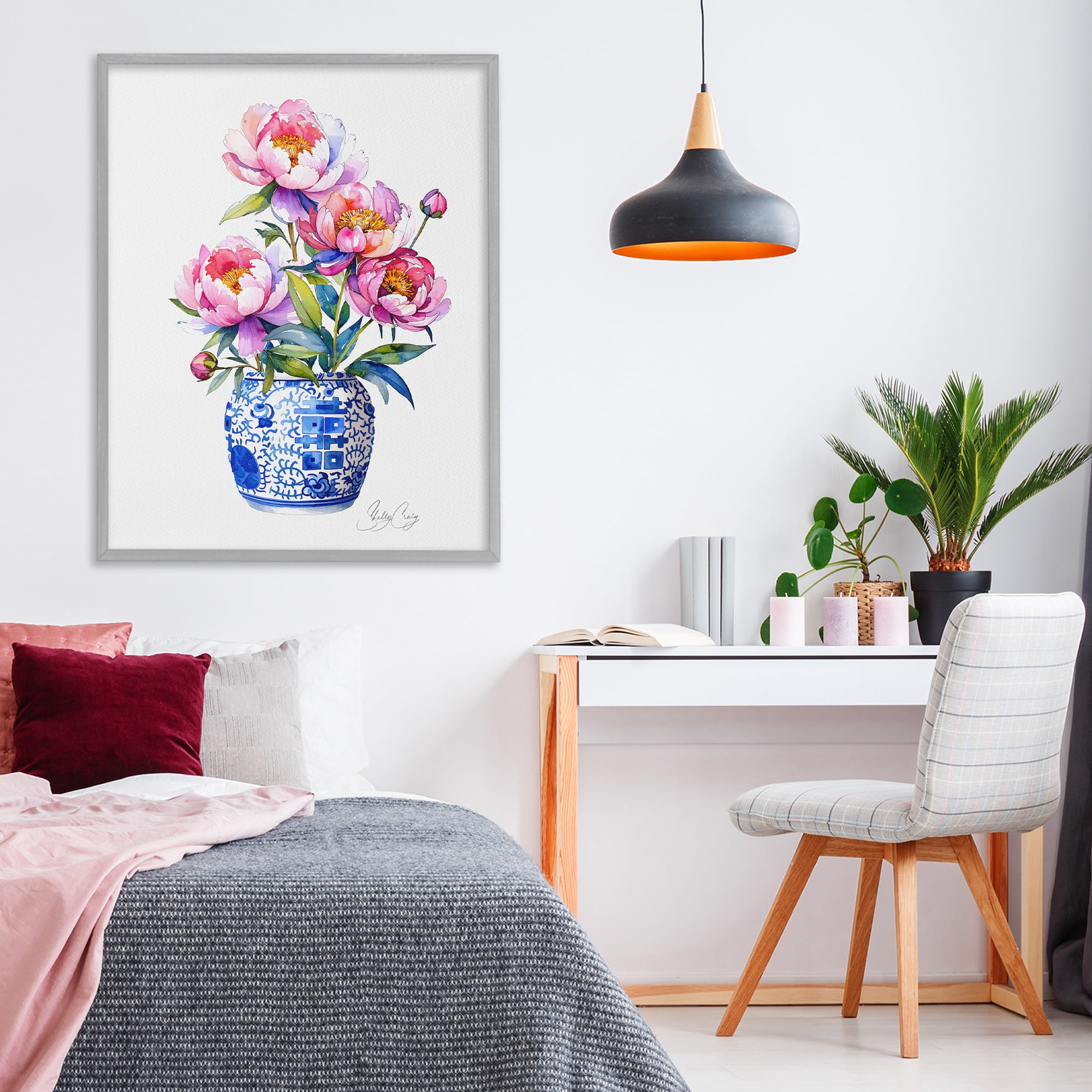 Stupell Industries Blue Dynasty Blooms Gray Framed Giclee Art, design by Shelly Craig