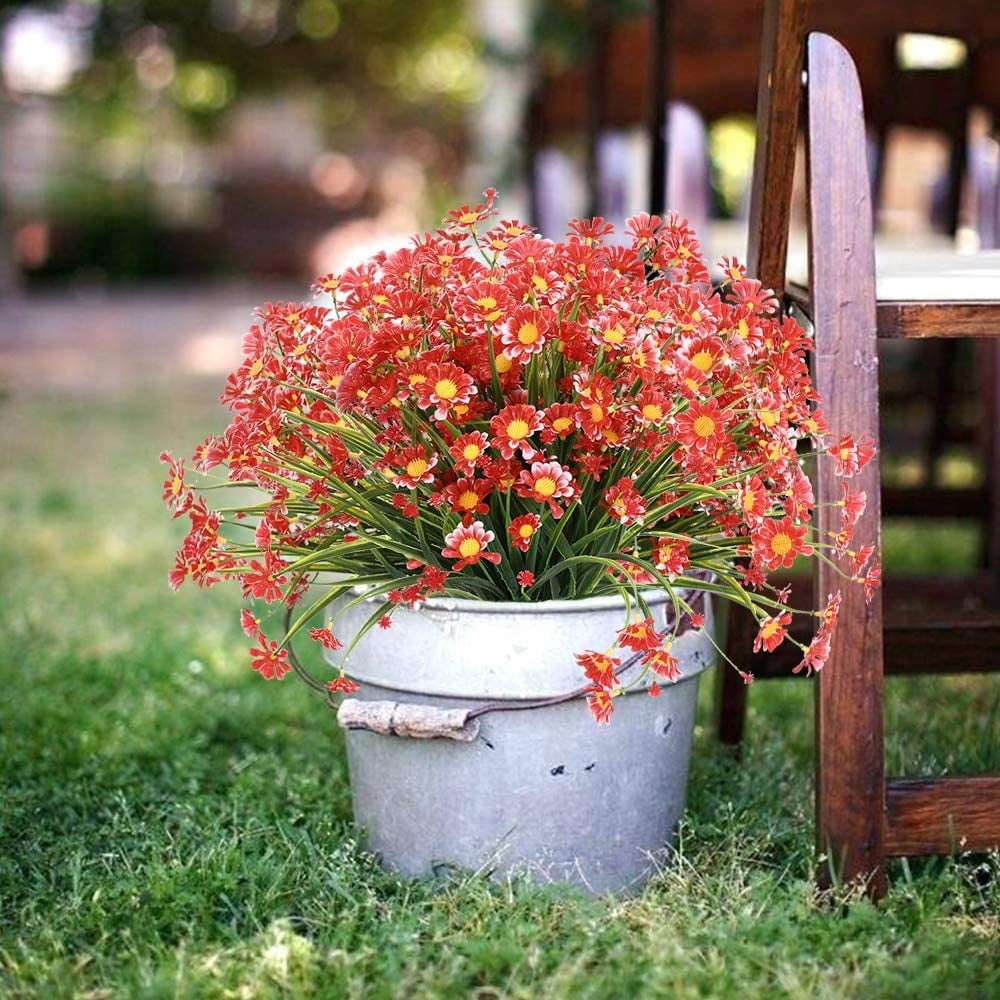 6 Bundles Outdoor Artificial Daisies Fake Flowers UV Resistant Shrubs, Faux Plastic Greenery for Indoor Outside Hanging Plants Garden Porch Window Box Home Wedding Farmhouse Decor (White)