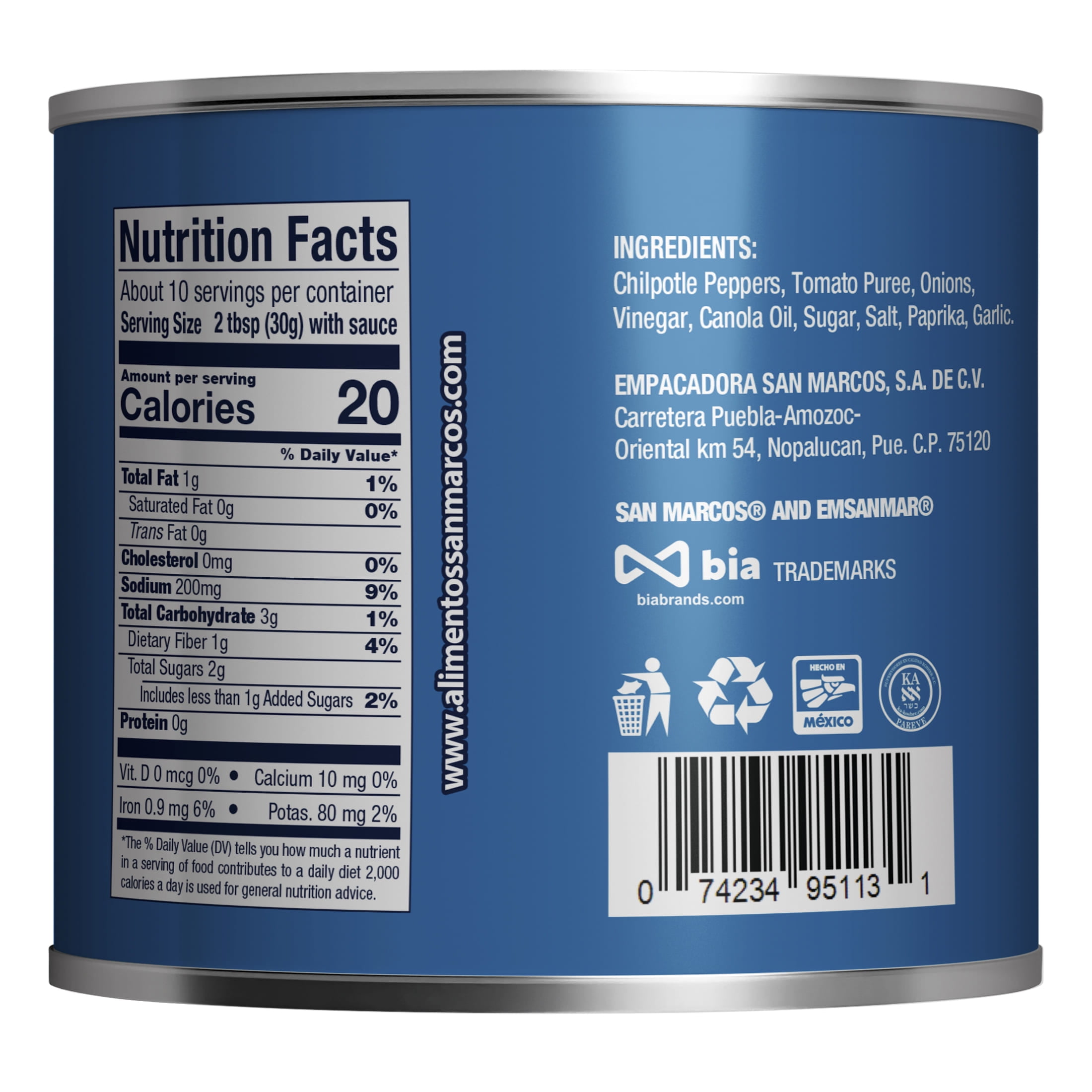 (4 pack) San Marcos Shelf Stable Chipotle Peppers in Adobo Sauce, 11 oz