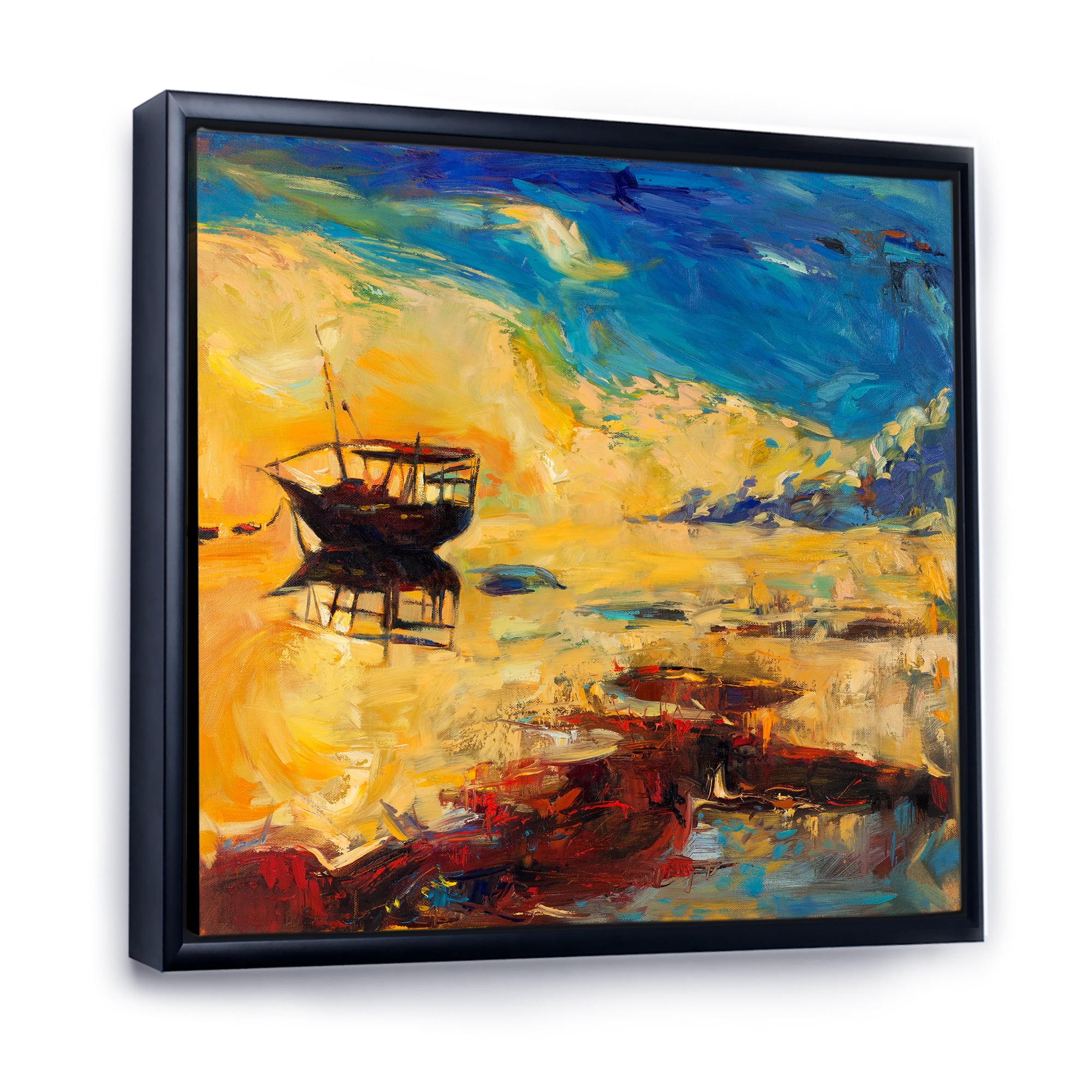 Abstract Boat At The Ocean Horizon During Sunset 16 in x 16 in Framed Painting Canvas Art Print, by Designart