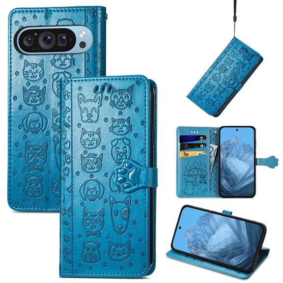 Lovely Animal Pattern Wallet Flip Case for Google Pixel 8 Pro, PU Leather Magnetic Closure Card Holder Lanyard Kickstand Phone Cover for Google Pixel 8 Pro, Blue