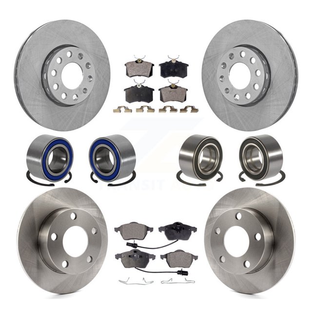 Transit Auto Front Rear Wheel Bearings Disc Brake Rotors and Semi-Metallic Pads Kit (10Pc) for Car Volkswagen Passat - Left Right Side (Driver Passenger) KBB-106456
