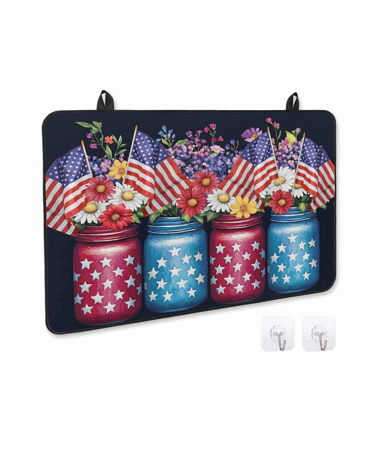 nqOlkjepod Large Induction Cooktop Protector Mat 36"x21", 4th of July Stove Top Covers for Electric Stove, American Flag Independence Day Floral Black Stove Burner Cover Mats, Glass Top Stove Cover