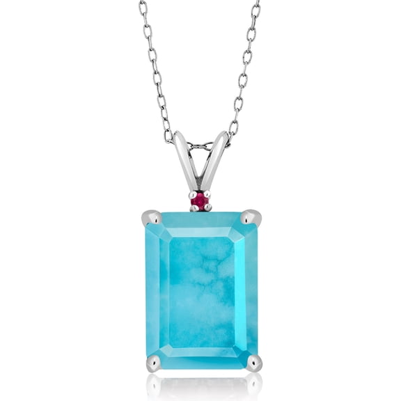 Gem Stone King 925 Silver Green Turquoise and Red Created Ruby Pendant Necklace for Women (5.02 Cttw, Gemstone Birthstone, Emerald Cut 14X10MM, with 18 inch Silver Chain)