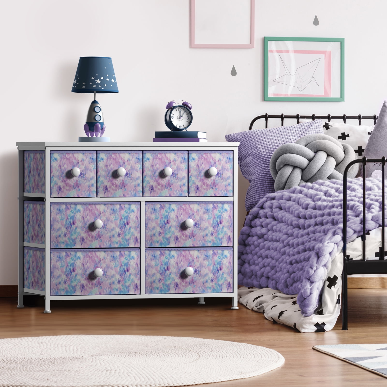 Sorbus Kids Fabric Dresser, 8 Drawer Storage Tower, Steel Frame, Tie-Dye Purple