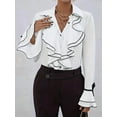 thumbnail image 3 of 2025 Spring and Autumn Women'S Solid Color Casual Ruffled Trumpet Sleeve Shirt Tops White XXL, 3 of 5