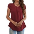 thumbnail image 4 of VOIANLIMO Women's Casual Crewneck Wine Red Blouses for women Petal Short Sleeve Dressy Raglan Tops, Small, 4 of 5