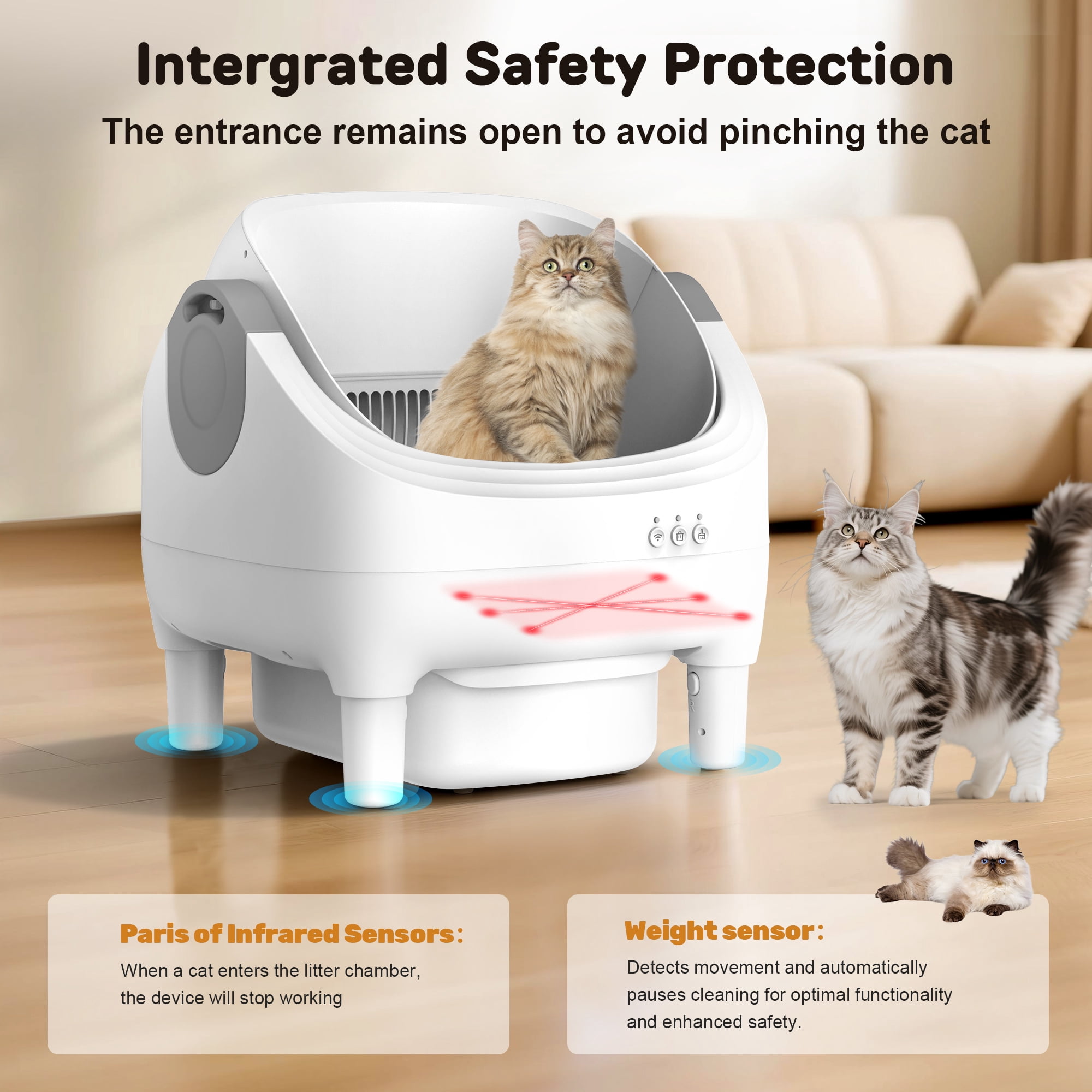 Osoeri Self Cleaning Cat Litter Box, Automatic Litter Box Self Cleaning ,Open Top Large Litter Box for Multiple Cats,with Safety Protection, APP Control,Odor Removal,Mat and Waste Bags Included, Gray