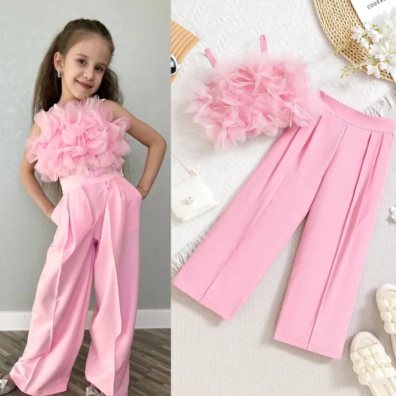 Children Clothing Summer Girl's Pink Outfit Sets Lace Mesh Flower Vest and Long Pants Kids Clothes Girl's Elegant Sets