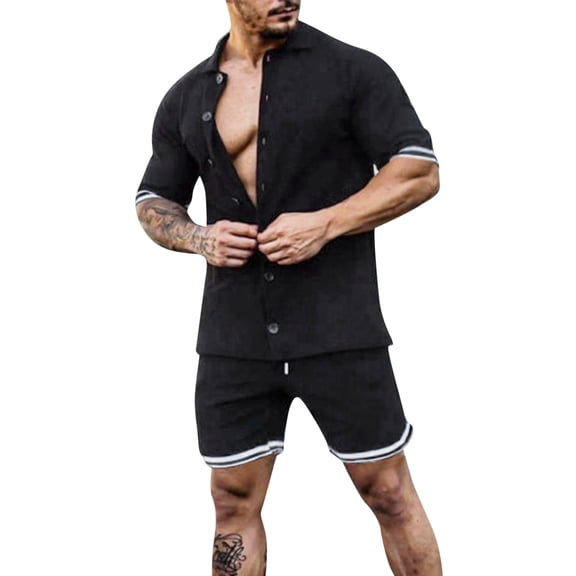 Edvintorg Streetwear Men's Cotton Linen Single-Breasted Unhooded Casual Sports Suit Short Sleeve and Shorts Set 2 Piece Oversized Clothing