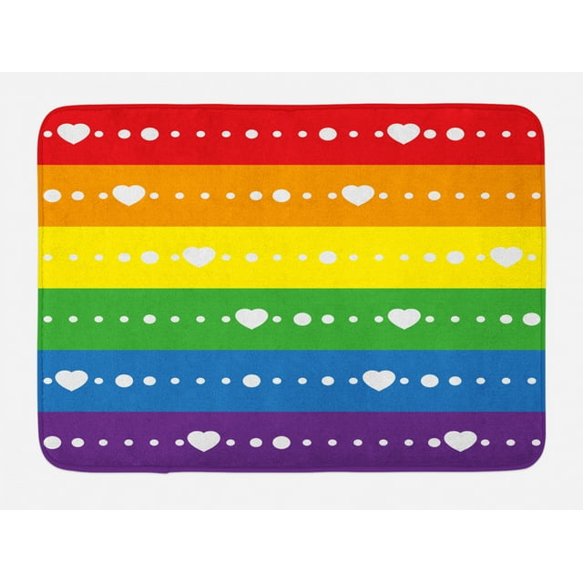 Pride Bath Mat, Horizontal Striped Flag Design with Gay Parade Colors and Little Cute Hearts Dots, Non-Slip Plush Mat Bathroom Kitchen Laundry Room Decor, 29.5 X 17.5 Inches, Multicolor, Ambesonne