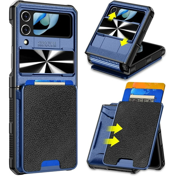 for Galaxy Z Flip 4 Wallet Case with Hinge Protection, Detachable Card Slot & Slide Camera Cover Case with Military Grade Heavy Duty Protection Shockproof Case for Samsung Galaxy Z Flip 4 - Blue