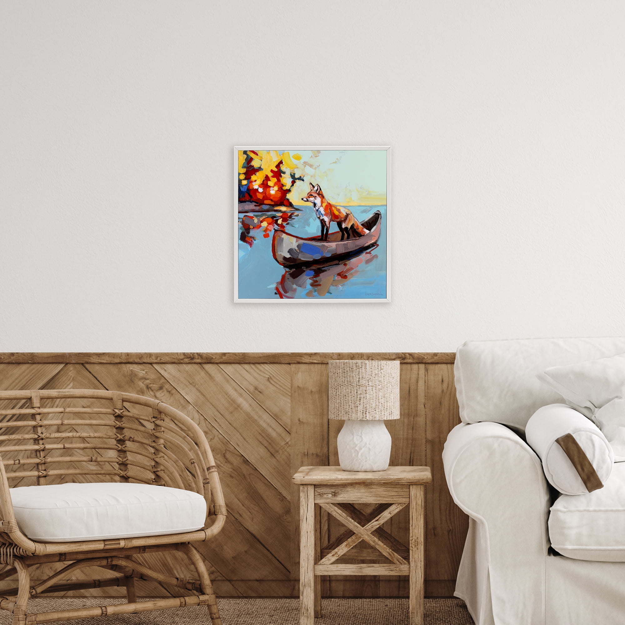 Fox's Voyage on Canoe White Framed Giclee Art, design by Adam Swanson