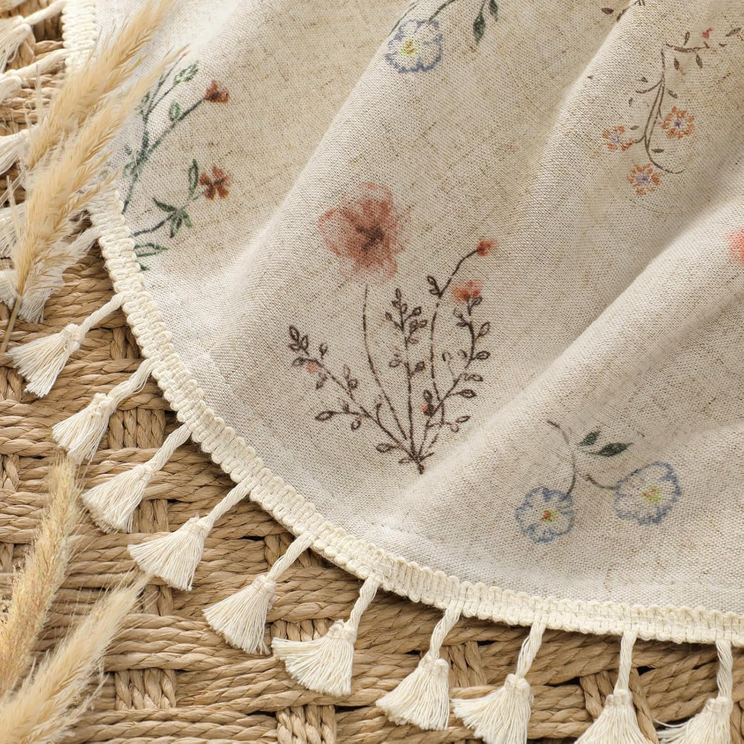 Boho Floral Semi Sheer Curtains 63 Inch Length 1 Panel, Linen Texture Farmhouse Light Filtering Curtains Beige Tassel for Bedroom Living Room Vintage Rustic Patterned Printed Western Rod Pocket