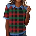 thumbnail image 3 of WTXUE Women Plaid Denim Collared Shirt Short Sleeve Shirts Patchwork Denim Shirts Trendy Shirts Dress Shirt Patchwork Denim Shirts Pullovers Womens Dressy Casual Shirts Fashion Lapel Collar Green L, 3 of 9
