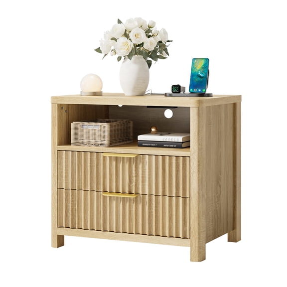 Eluknt 23" Modern Fluted Nightstand with Charging Station, 2 Drawer Bedside Table with Open Shelf, Curved Corner Storage End Table for Bedroom, Natural Oak