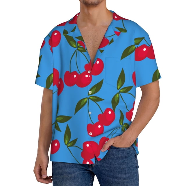 Fotbe Cherry Camisa Estampada de Manga Corta para Hombre, Casual de Verano, Estilo Playero, Sin Arrugas-Small