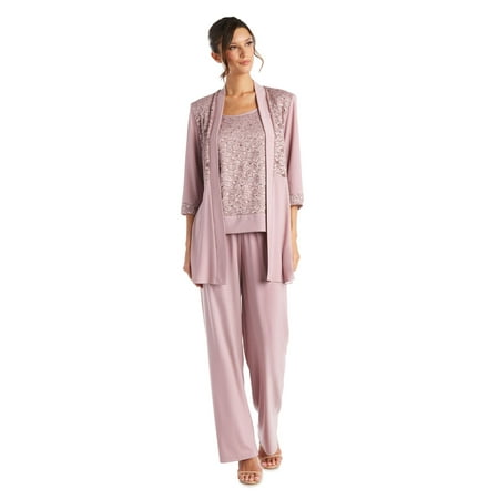 R&M Richards Women's Lace ITY 2 Piece Pant Suit - Mother of the bride outfit, 10 Mauve