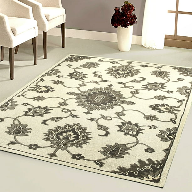 LR Home Integrity Gray 9x12 Wool Hooked Floral Area Rug