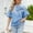 Light Blue, variant on Hvot&aat Women's Bow Design Denim Pullover Mock Neck Puff Short Sleeve Tops Elegant Workwear Blouse