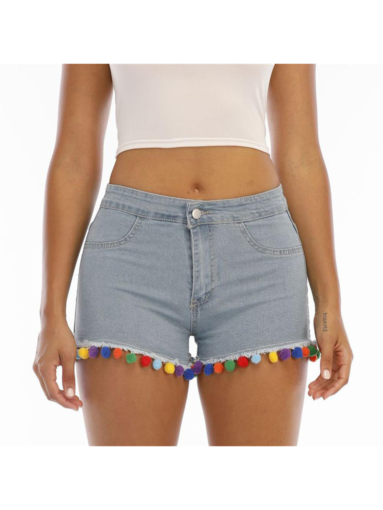 S-XXL Happy Sailed Womens Ripped Denim Jean Shorts Casual Mid Rise Folded Hem Jeans Shorts with Pocket