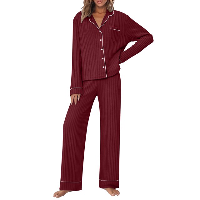 HAiming Women Pajama Sets 2 Piece Sleepwear Ribbed Long Sleeve Button down Lapel Shirts and Pants Pjs Outfit