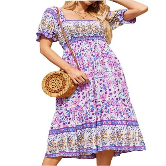 Women Summer Bohemian Dress  Short Sleeve Pleated Chest Floral Pattern Boho Style One Piece Cake Skirt