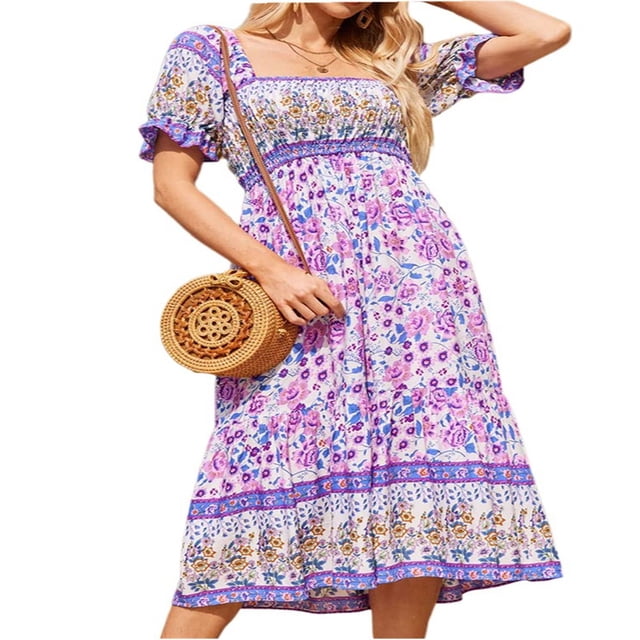EIGTHTAIL Robe Midi pour Femme à Manches Courtes Bouffantes, Encolure Carrée Élastique, Imprimé Floral, Décontractée et Fluide, Robes d'Été