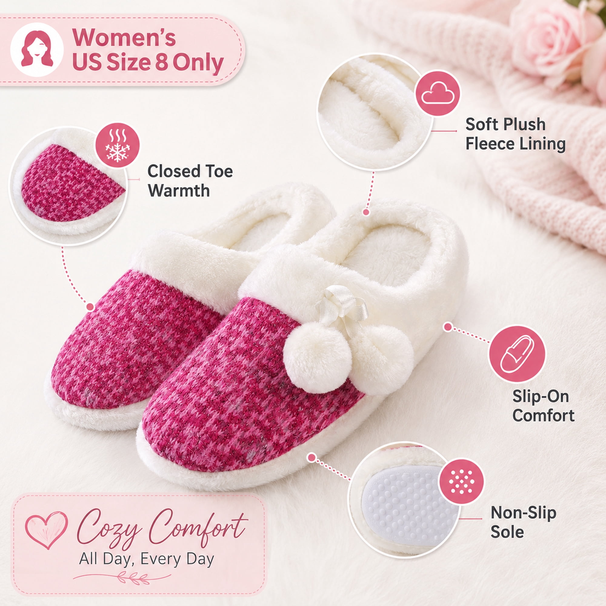 Women’s Size 8 Cozy Plush Fleece-Lined House Slippers, Pink Closed Toe Slip-On Indoor Bedroom Slippers with Pom-Pom Accent